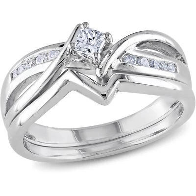 1/3Ct White Princess Cut Simulated Diamond Wedding Matching 925 Silver Ring Set - Image 1 of 4