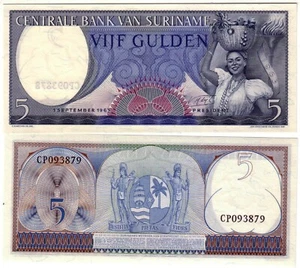 Banknote - 1963 Suriname, 5 Gulden, P120b UNC, Woman w/- basket fruit (F) Arms  - Picture 1 of 1