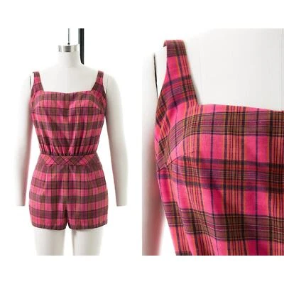 Vintage 1950s Romper 50s Pink Plaid Cotton Belted Shorts Playsuit Pin Up Summer - Image 1 of 4