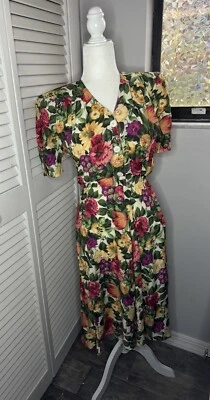 Carol Anderson Floral Printed Linen Maxi Dress Sz2  Vintage W/Shoulder Pads Rare - Image 1 of 4