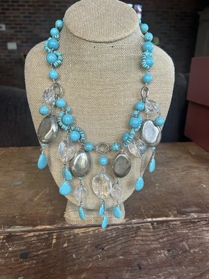"Collar Chicos Turquesa Vidrio Metal Multi Hilos Azul Plata 18-22"" Largo" Foto 1 de 4