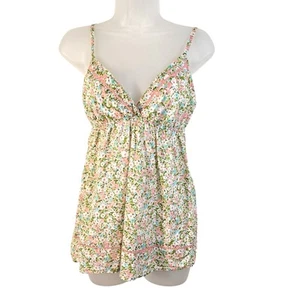 Forever 21 Y2K Babydoll Top Juniors M Dainty Pastel Floral Print Crochet Accent  - Picture 1 of 11