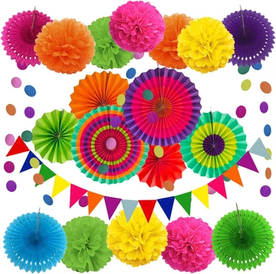 Party Decoration, 21 Pcs Multi-Color Hanging Paper Fans Pom Poms Flowers - Image 1 of 4