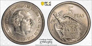 1957 (68) Spain 5 Pesetas PCGS MS62 Lot#G892 Nice UNC! - Picture 1 of 4