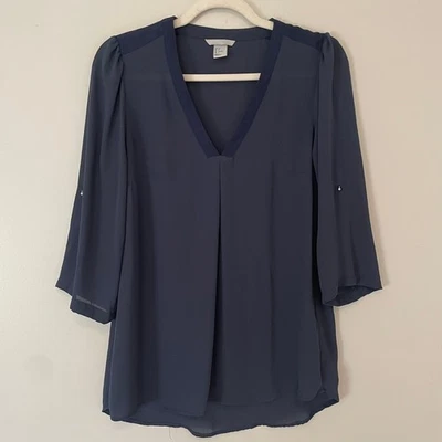 Blusa H&M Talla 8 Azul Marino Transparente Mangas 3/4 Escote Terciopelo Foto 1 de 4