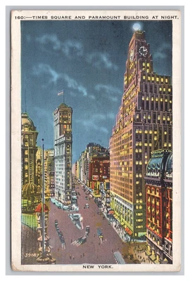 New York NY NYC Times Square Paramount Building Night Vintage Postcard - Image 1 of 2