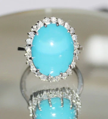 0,57 Ct Natürlicher Rund Diamant 14K Massives Weißgold Türkis Ring - Bild 1 von 4