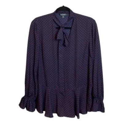 Top Georgette Ralph Lauren Cuello Corbata Azul Marino con Lunares Suizos Carmesí Talla Grande Foto 1 de 4