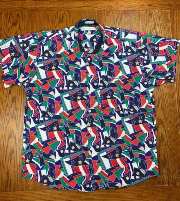 Camisa Henry Grethel estampa toda bandeira SS botão para cima tamanho M verão brilhante vintage AOP - Imagem 1 de 4