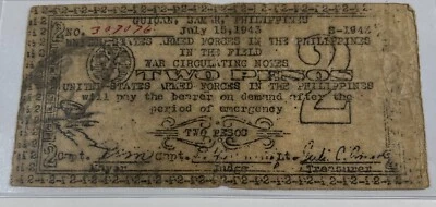 Philippine 1943 US Armed Forces 2 Pesos (#716) Guiqan Samar scarce note. Decent - Image 1 of 2