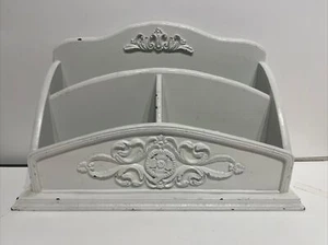 Vintage White Floral Wood Letter Mail Pen Holder Table Desk Organizer Sorter - Picture 1 of 6