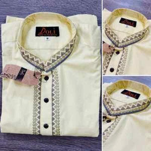 Pakistani Mens Light Yellow Cotton Kurta, Medium - Picture 1 of 5