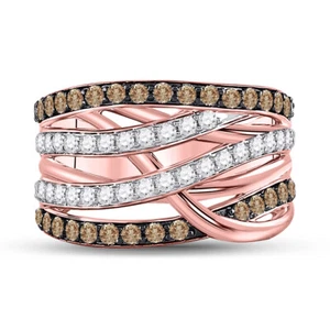 14kt Rose Gold Womens Round Brown Diamond Crossover Fashion Ring 1-1/3 Cttw - Picture 1 of 4