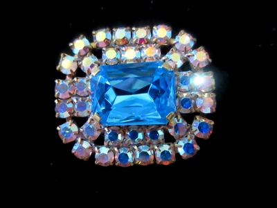 Outstanding Czech Vintage Glass Rhinestone Button   Turquoise & Iridescent - Image 1 of 3