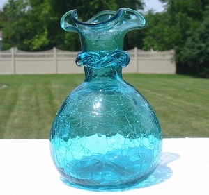 Vtg Teal Blue Crackle Vase Rigaree Ribbon Collar Ruffle Aquamarine Glass Old - Picture 1 of 5