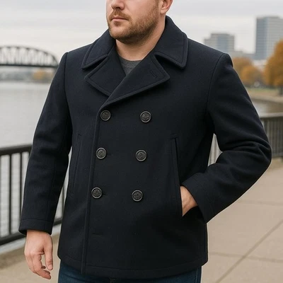 US Navy Pea Coat Men's 48R Black Wool Military Issue Double Breasted Overcoat - Image 1 of 4