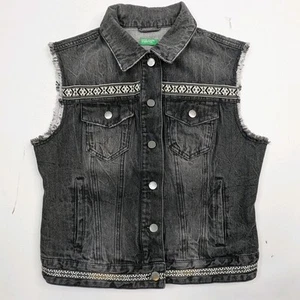 United Colors Of Benetton Denim Vest Sz L Embroidered Frayed Edge Pockets Unisex - Picture 1 of 19