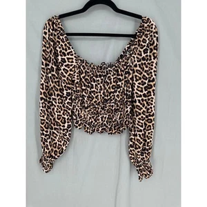 HM Top Womens Medium Brown Animal Print Cropped Milkmaid Long Sleeve Leopard - Picture 1 of 6