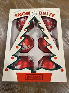 Caja de 6 adornos de vidrio flocado rojo herrajes de restauración Snow Brite - Imagen 1 de 10