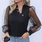 Women Mesh Long Sleeve V-Neck Puff Sleeve See-Through Button Solid Color Fitted