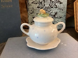 chick on nest sugar bowl polka dot 2 Handles On Saucer Jar Lid Vintage - Picture 1 of 12