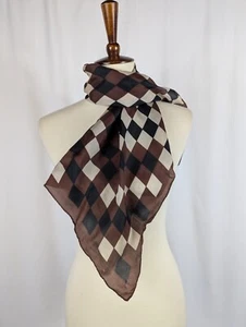 Checkerboard Rectangle Scarf Silk Chiffon Brown Black Vintage Mod 70s 80s - Picture 1 of 7