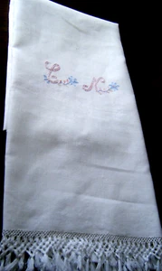 Antique Victorian bath towel linen h embro/ry floral decor mono fringes 70"x26" - Picture 1 of 7