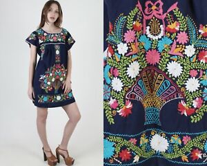 Vtg Embroidered Mexican Dress Bright Floral Traditional Fiesta Navy Cotton Mini