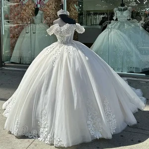 White Quinceanera Dresses Off Shoulder 3D Florals Beading Birthday Ball Gown - Picture 1 of 7