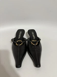 Vtg Prada Black Leather Mule Heels 35 - Picture 1 of 13