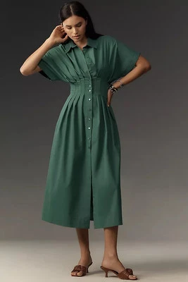 Anthropologie Exquise Tobie Button-Front Pleated Shirtdress Green Size L NEW - Image 1 of 4