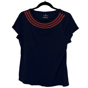 Talbots Embellished Tee Size XL Navy Blue Orange Beads Cap Sleeve Roundneck - Picture 1 of 7