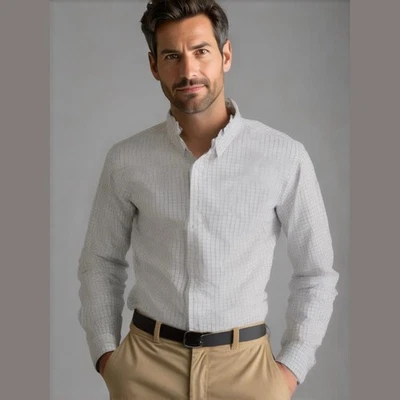 J. Camisa Crew Para Hombre Grande Ventana Cuadros Blanca Verde Calce Ajustado Elastizada Preppy Foto 1 de 4