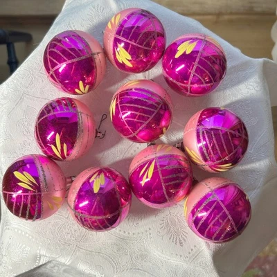 Set 10 Poland Pink Glass Ornaments 2.5" Hand Painted Glitter Vintage MCM - Image 1 of 4