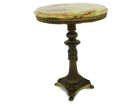 Coffee Side Wine Accent  Table Ornate Brass Marble top Gorgeous Lion Feet 50s Cover
