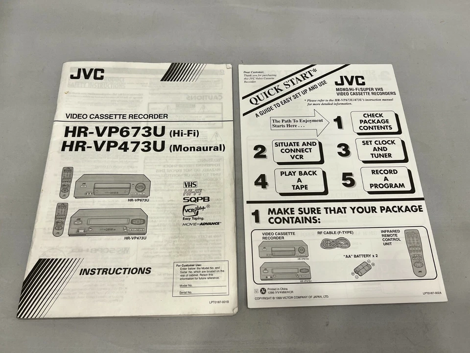 JVC HR-VP673U VCR Original Manual & Quick Start Instructions - Image 1 of 2