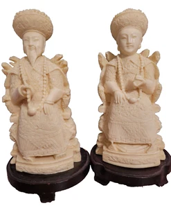 Chinese Hand-Carved Resin Emperor and Empress Figures- Vintage - 9 in. Wood Base - Picture 1 of 24