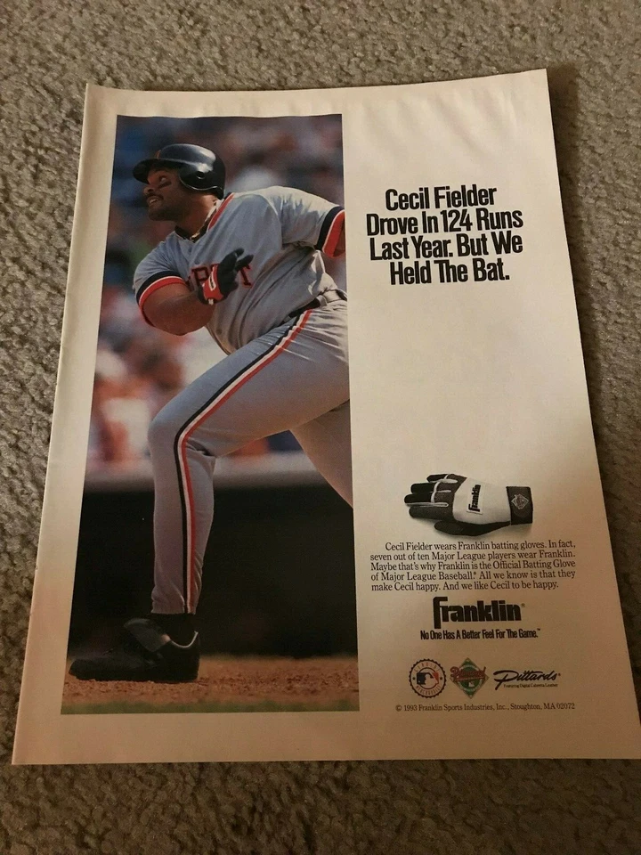 Vintage CECIL FIELDER Franklin Batting Gloves Poster Print Ad DETROIT TIGERS 90s - Image 1 of 1