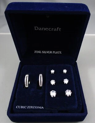 NOS New in Box DANECRAFT 4 Pairs Round CZ Clear Hoop & Studs Post Earrings SET - Image 1 of 4
