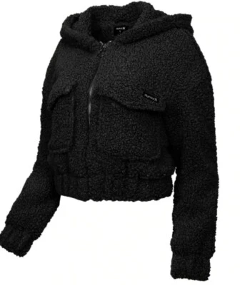 Chaqueta corta Hurley para mujer Teddy Bomber negra mediana nueva con etiquetas Foto 1 de 4