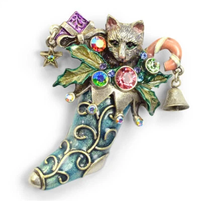 Sweet Romance Christmas Kitty Stocking Pin Blue & Multi Color Handcrafted in USA - Image 1 of 3
