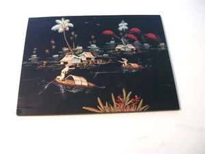 Vintage Asian Painting on Black Laquer Board 12"Hx15 3/4""W - Picture 1 of 2