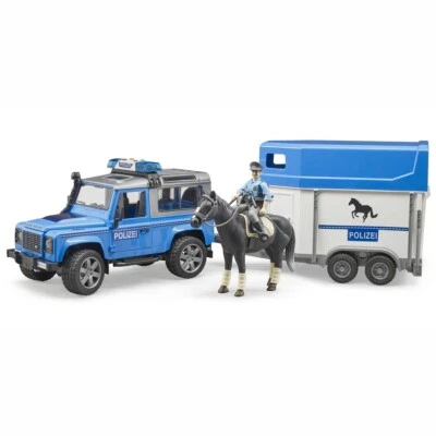 BRUDER 02588 Land Rover Defender Polizeifahrzeug mit Pferdeanhänger und Pferd un - Bild 1 von 4