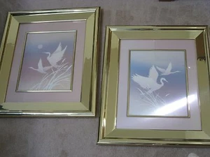 1989 SET OF 2 LARGE PICTURES SWANS MAUVE GOLD HEAVY FRAME signed SOVJANI - Bild 1 von 5