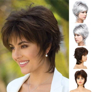 Grey Hair Wigs Short Silver Gray Synthetic Natural Women Full Wig Ladies - Picture 1 of 9