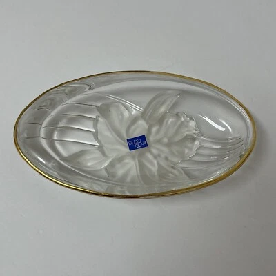 Studio Nova Etched Glass Golden Orchid Frosted Flower Oval Candy Dish Gold Trim - Image 1 of 4