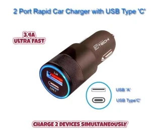 Simply TECH 3.4A USB 'C' & USB 'A' 2 Port Rapid Car Charger - Picture 1 of 3