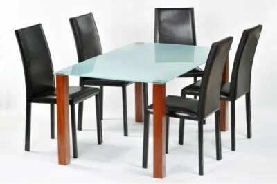Glass and Walnut Designer Home Dining Table with set of 4 Leather Chairs - Image 1 of 4