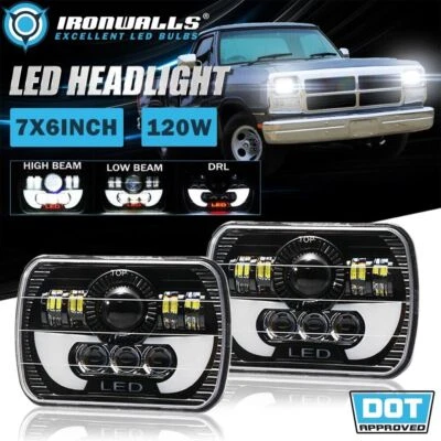For Dodge D100 D150 D250 D350 1981-93 DOT Pair 7x6" LED Headlight Hi-Lo Beam DRL - Image 1 of 4