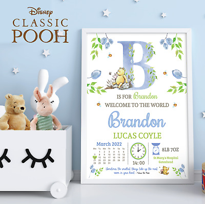 Personalised Winnie The Pooh New Baby Wall Print • Pooh Bear Nursery Prints Gift • 15.99£